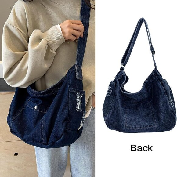 Denim Shoulder Bag for Women,Canvas Tote Messenger Bag with Zipper,Large Casual - Picture 5 of 6